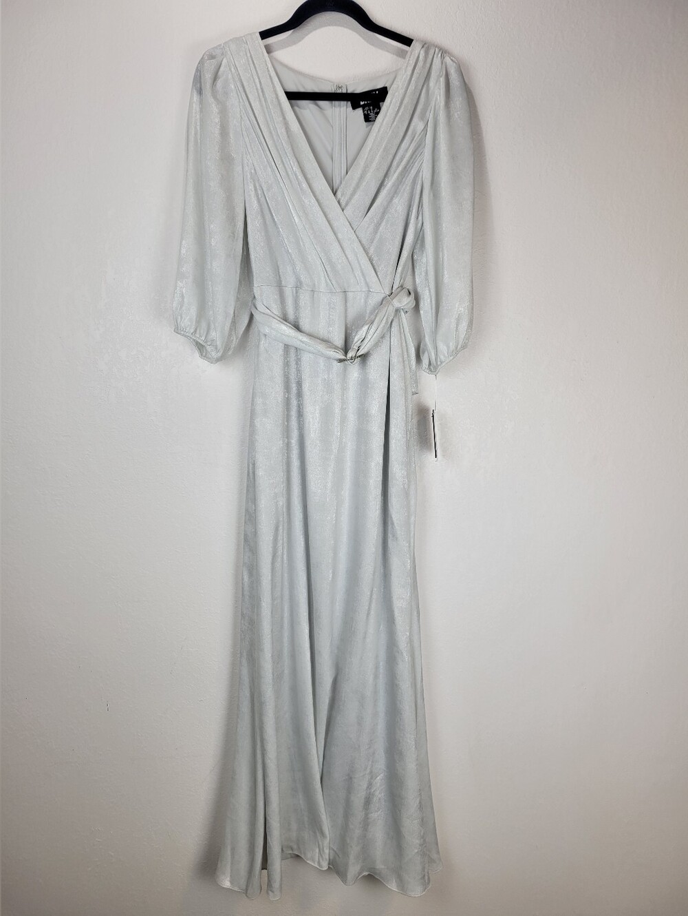 NWT DKNY Women's Silver Shimmer Surplice Balloon Sleeve Belted A-Line Dress Sz10 - Picture 4 of 13